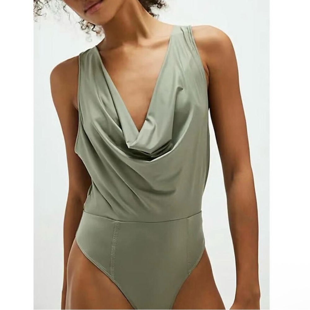 Free People When & Where Laurel Oak Bodysuit Olive Green Drapey Sleek Sleeveless - Picture 3 of 13